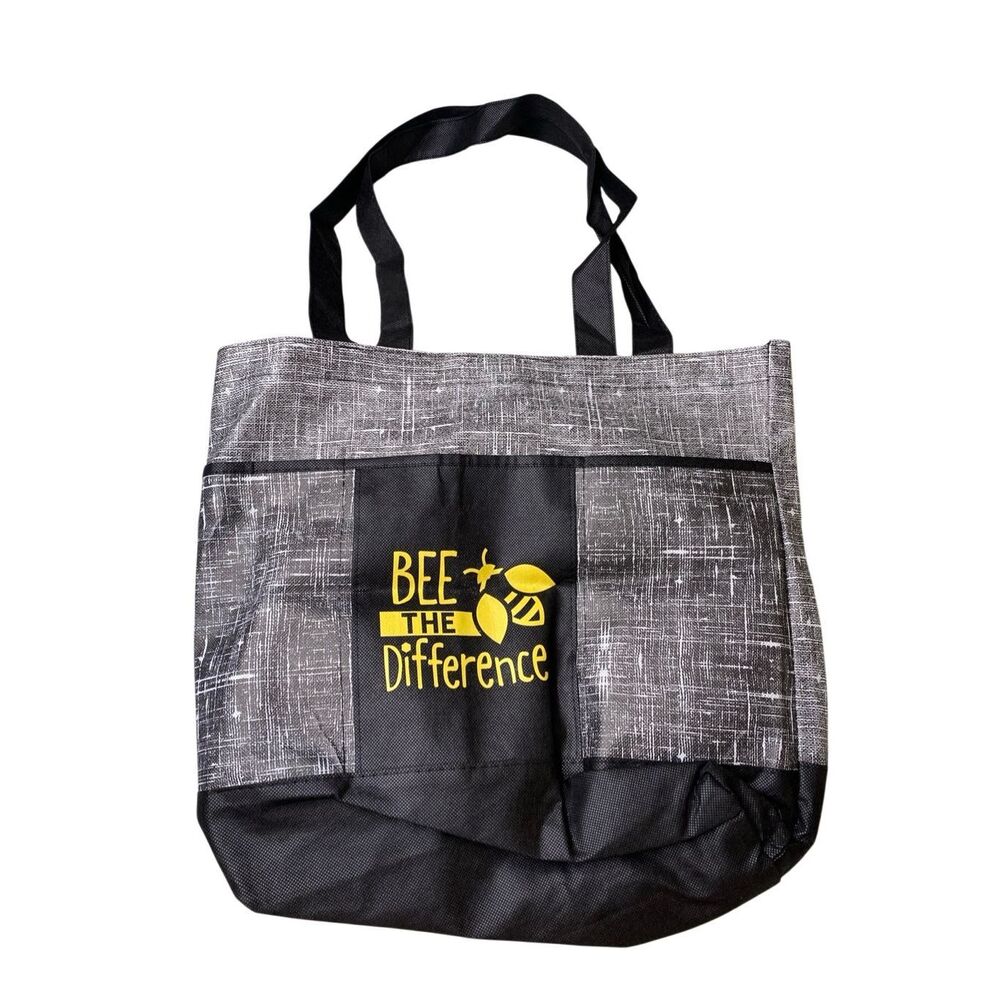 Bee The Difference Reusable Grocery Tote Bag Gray Black Lightweight Large Beach